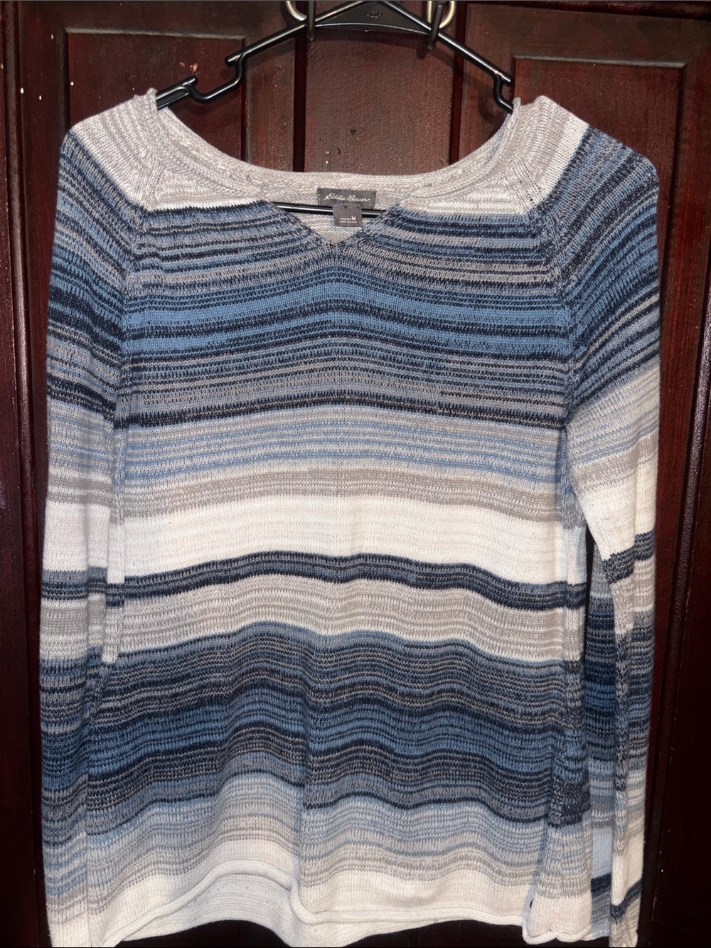 Eddie Bauer Blue, Gray & White Striped Lightweight Knit Sweater